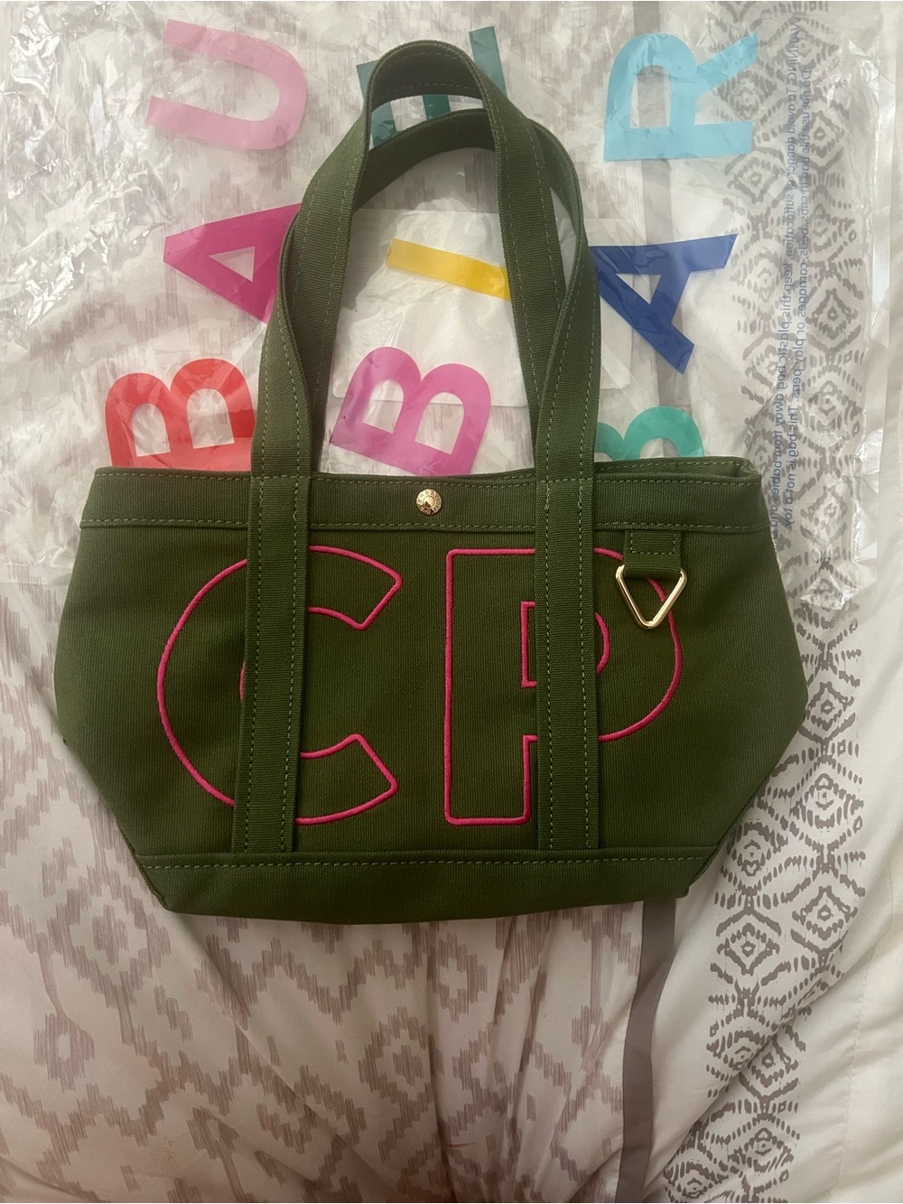 BaubleBar Olive Green Canvas Tote with Pink Trim